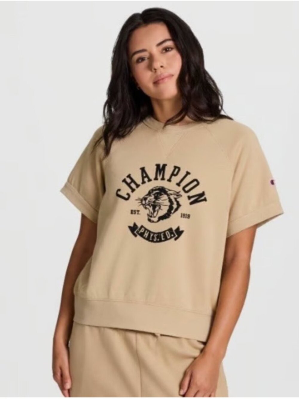 Champion Cropped Short Sleeve Fleece Graphic Top Large Beige Athleisure